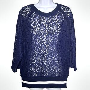 Massini Women's Blue Floral Lace Sheer Top Size Large 3/4 Sleeve Coquette Y2K